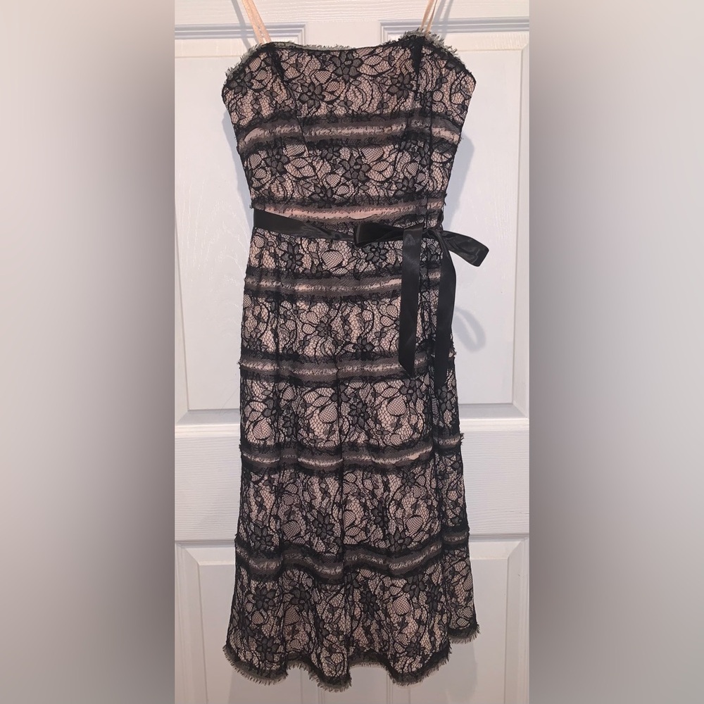 BCBGMaxAzria Black & Blush Lace Sheath Strapless Midi Dress, Size 2.